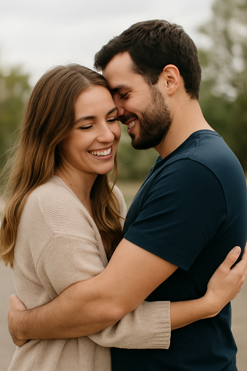 Young married couple embracing and smiling outdoors, capturing a tender moment of romance after kids.